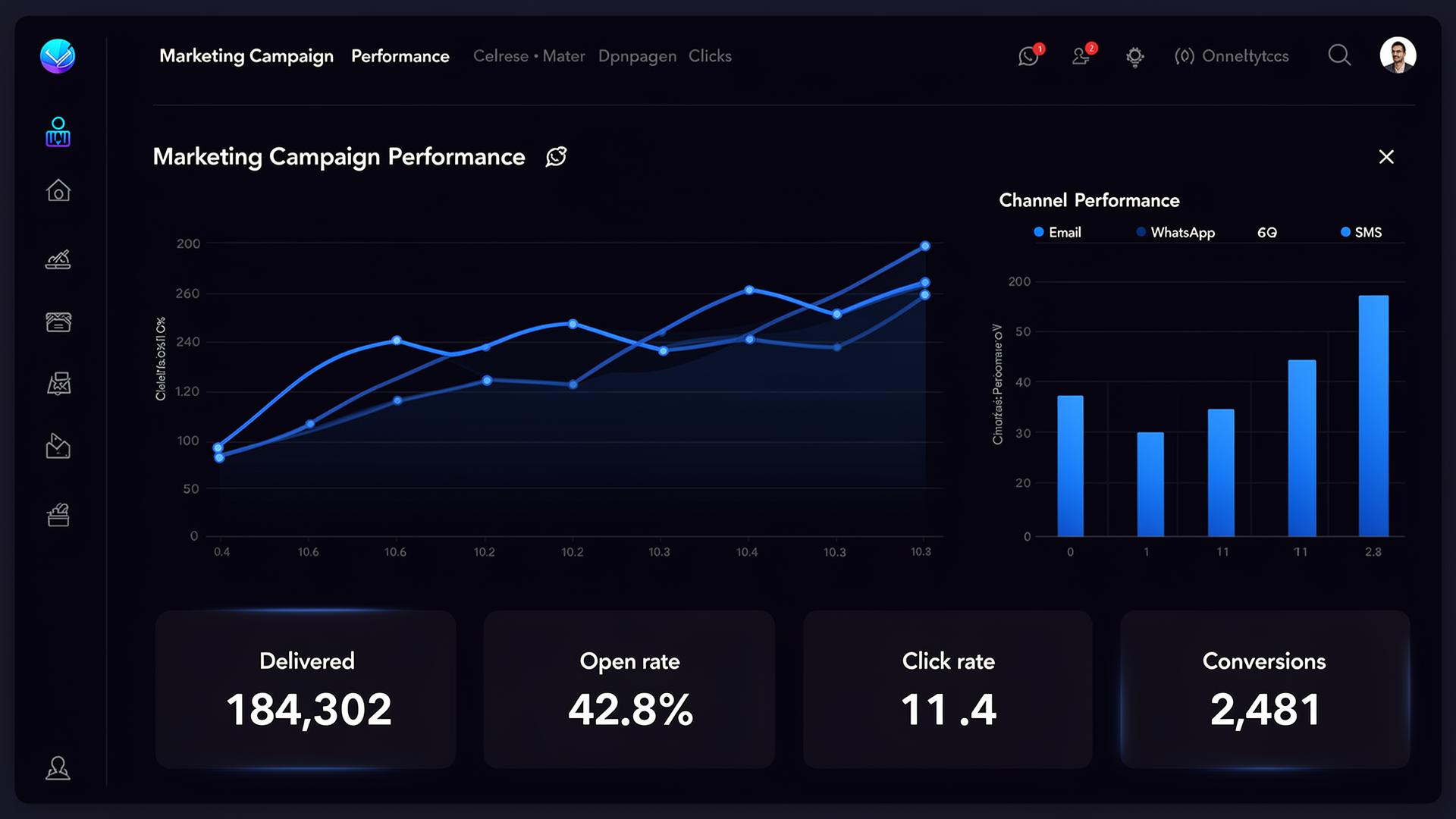 OmniReach analytics dashboard showing multi-channel campaign performance, open rates, click rates, and conversions.